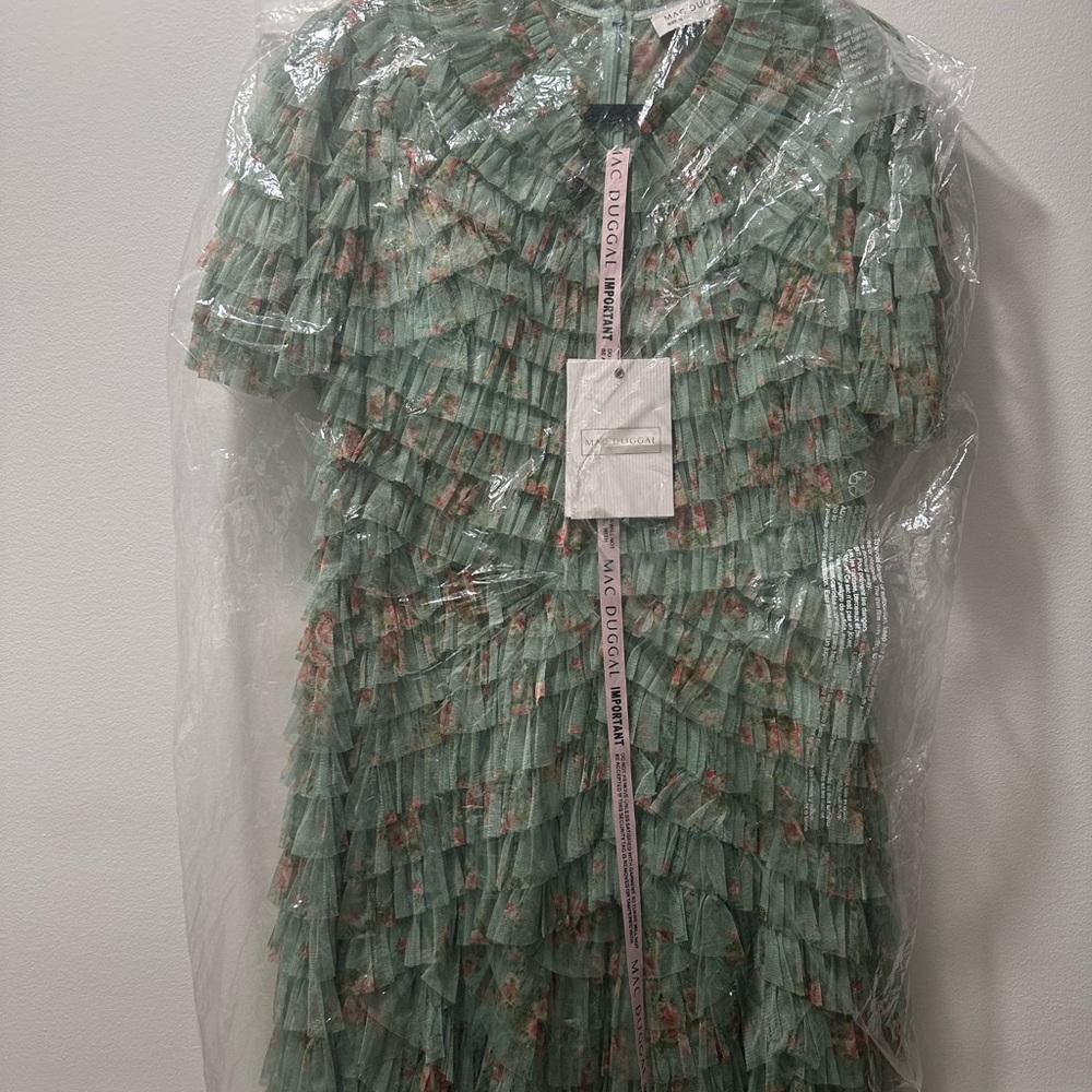 New Mac Duggal Size 16 Green Floral Ruffle Tiered Short Sleeve A Line Midi Dress - Picture 6 of 10